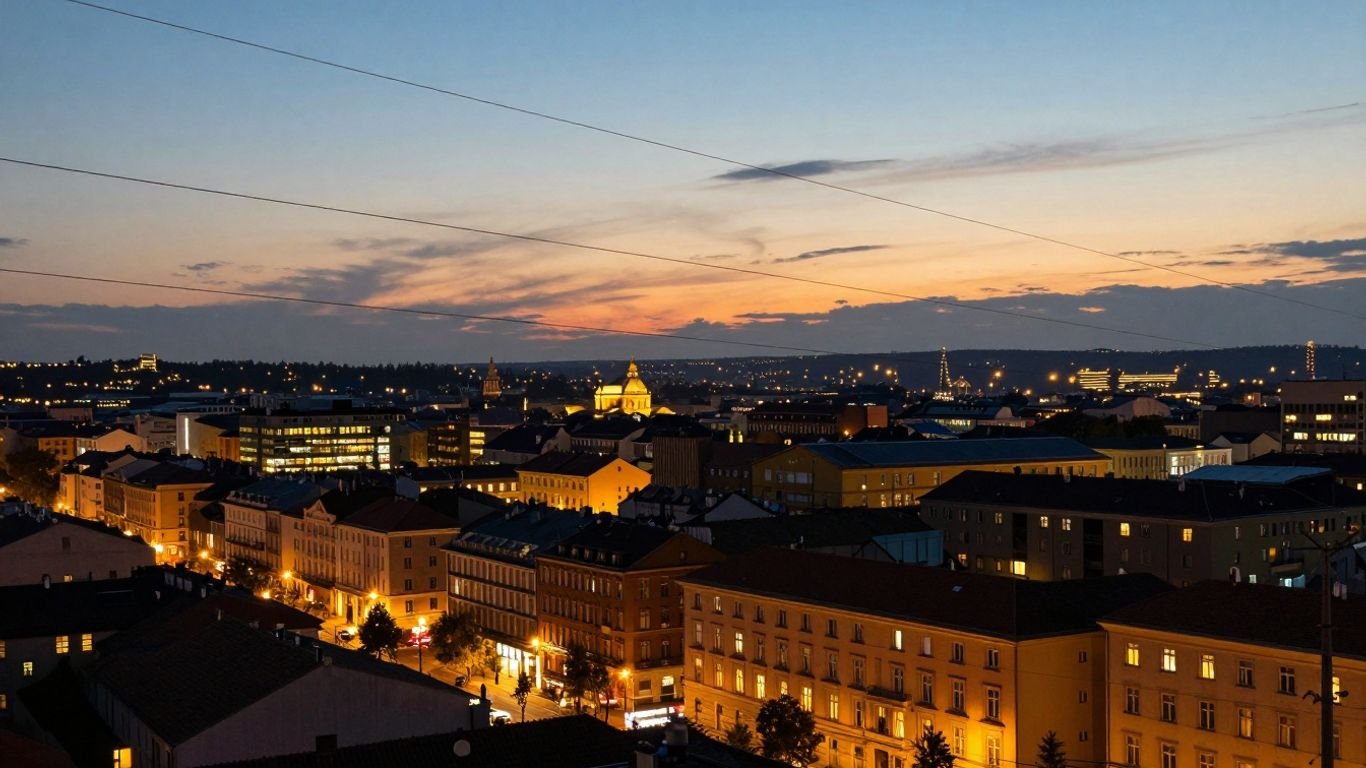 European cityscape with illuminated power lines at dusk.