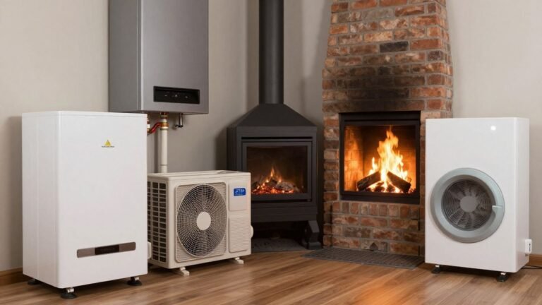 Home heating systems: furnace, heat pump, fireplace, biomass boiler.