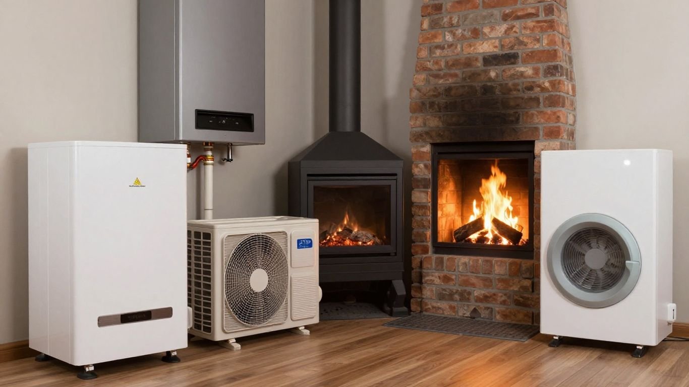 Home heating systems: furnace, heat pump, fireplace, biomass boiler.
