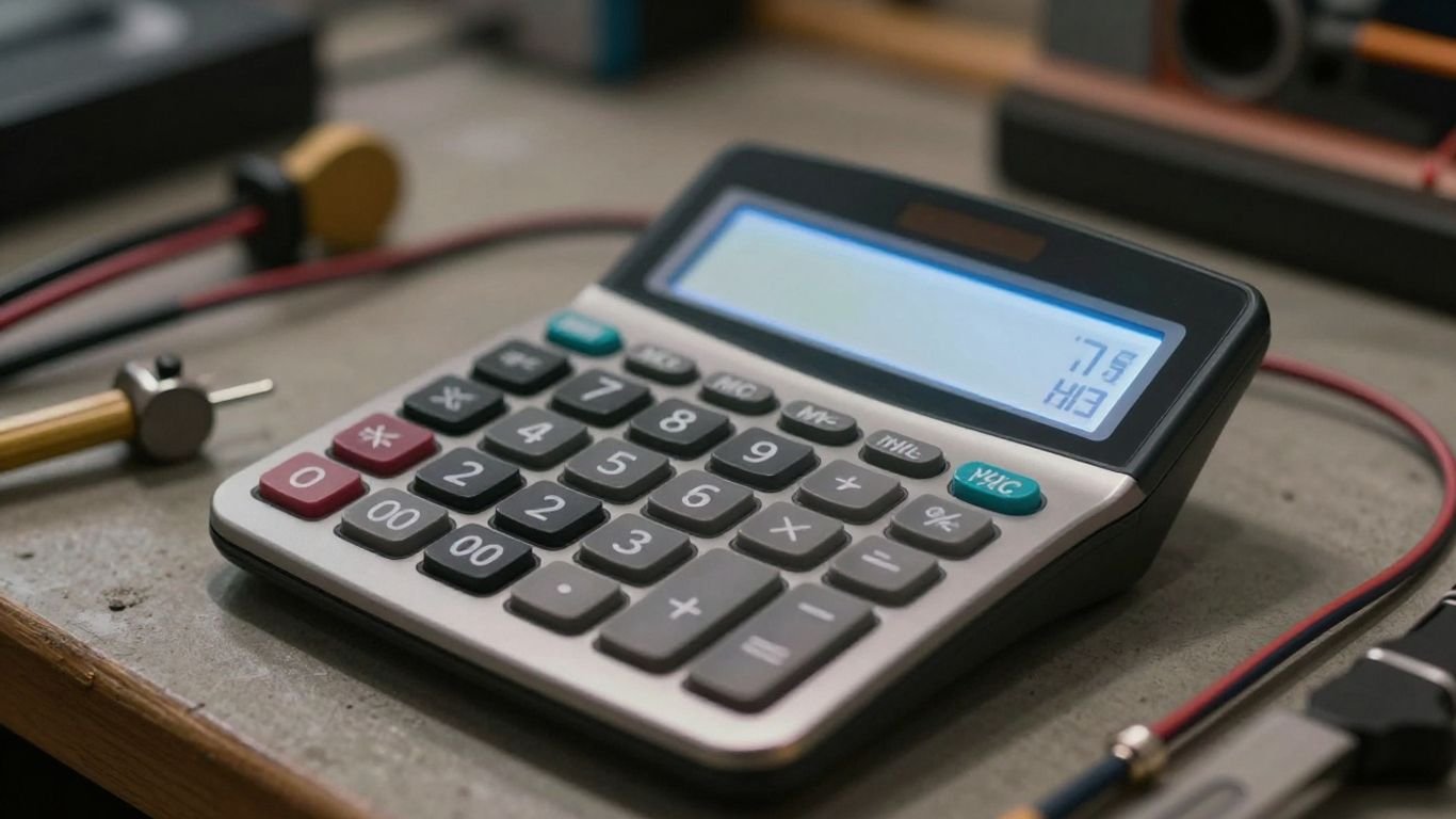 Electrician calculator on a workbench with tools.