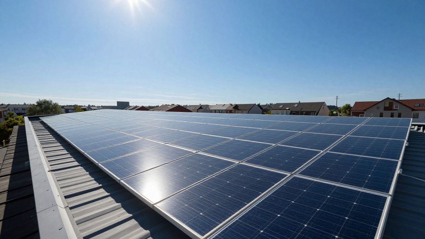Rooftop solar panels under bright sunlight.