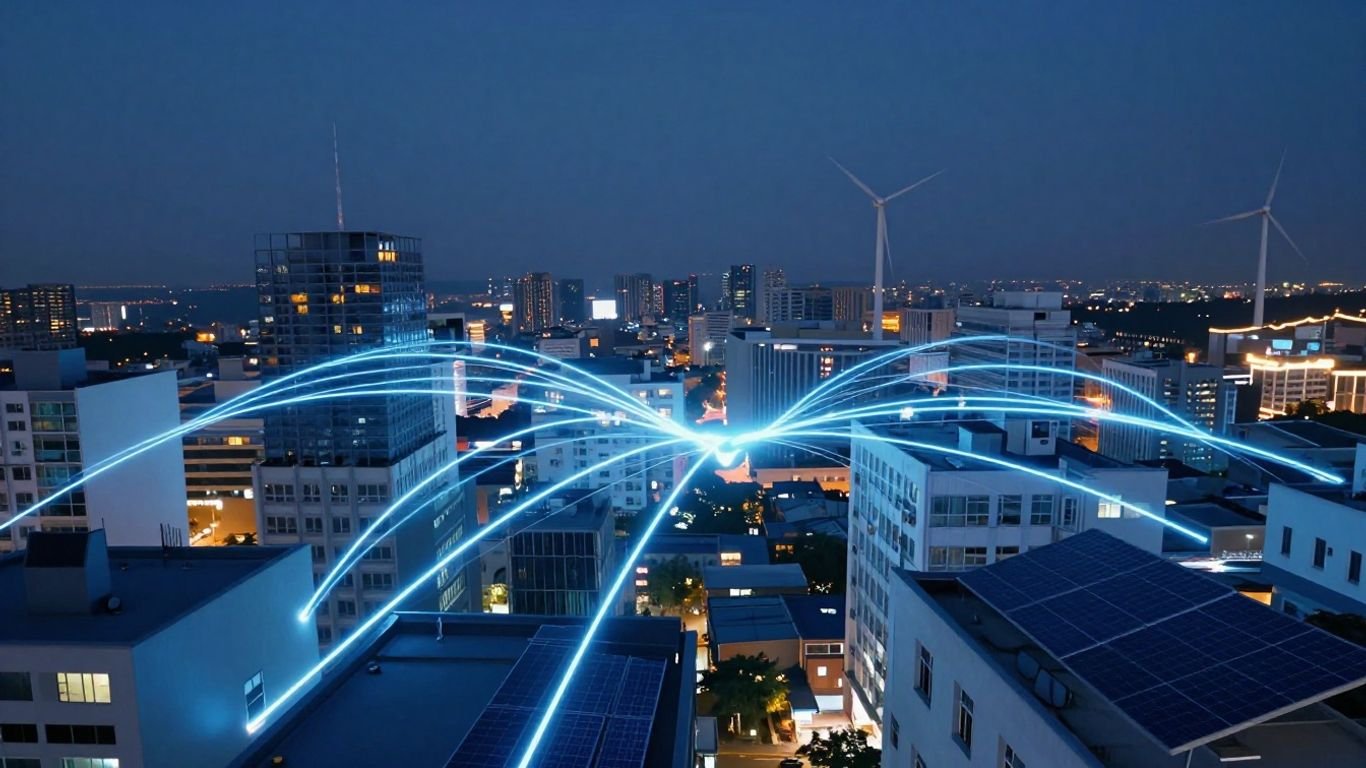Futuristic city with glowing energy connections between buildings.