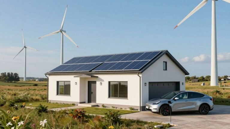 Home with solar panels and wind turbines, electric car charging.