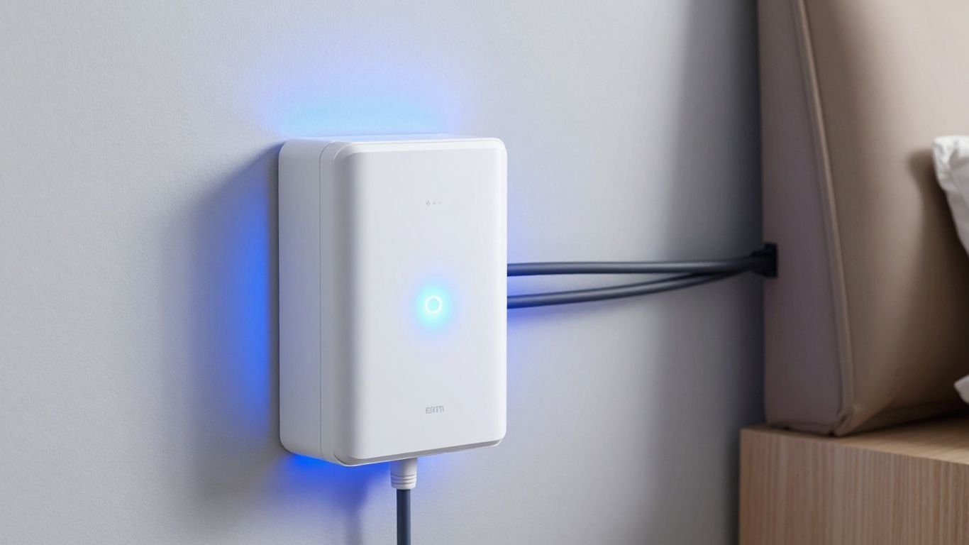 Home battery backup system glowing blue.