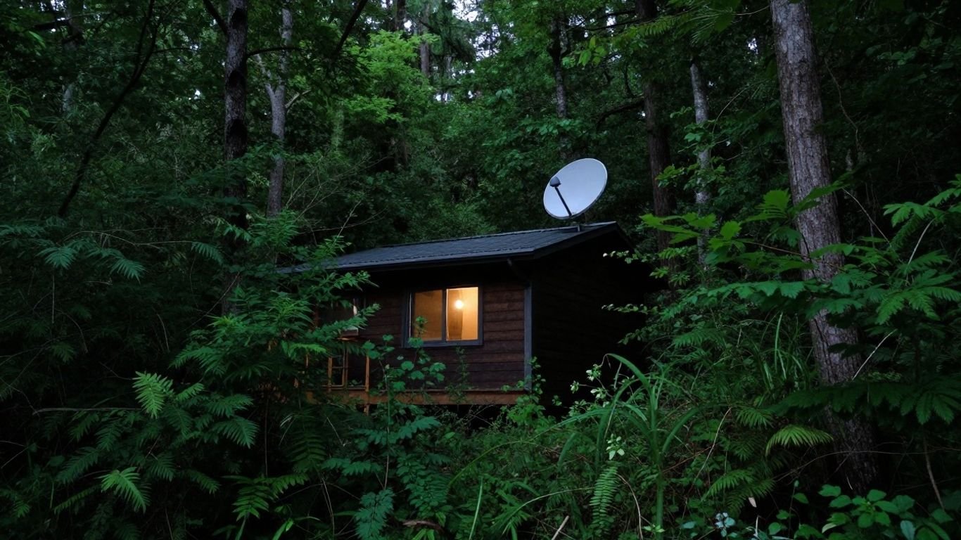 Cabin with satellite dish in a forest