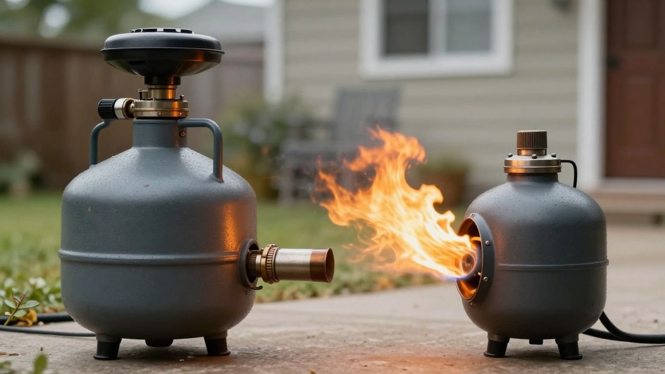 Gas and propane generators side-by-side with flames.