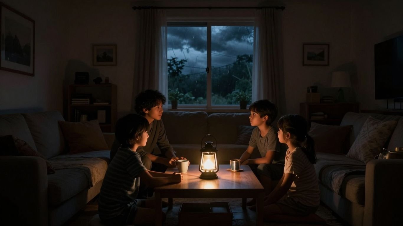 Family using lantern during a power outage.
