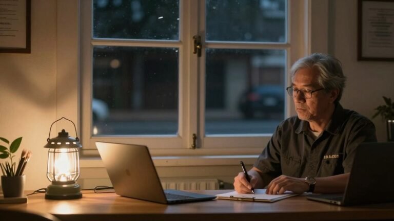 Business owner working during a power outage with lanterns.
