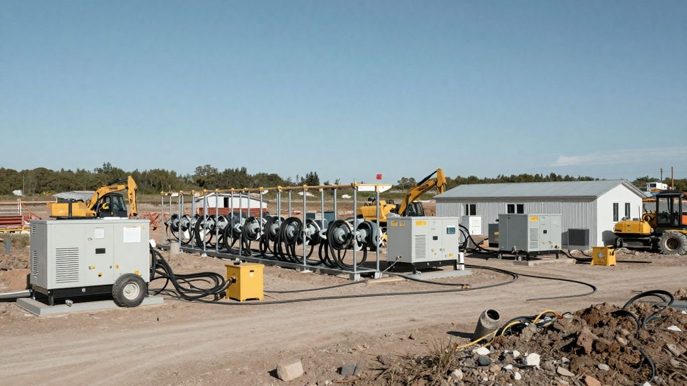 Remote construction site powered by a microgrid generator.