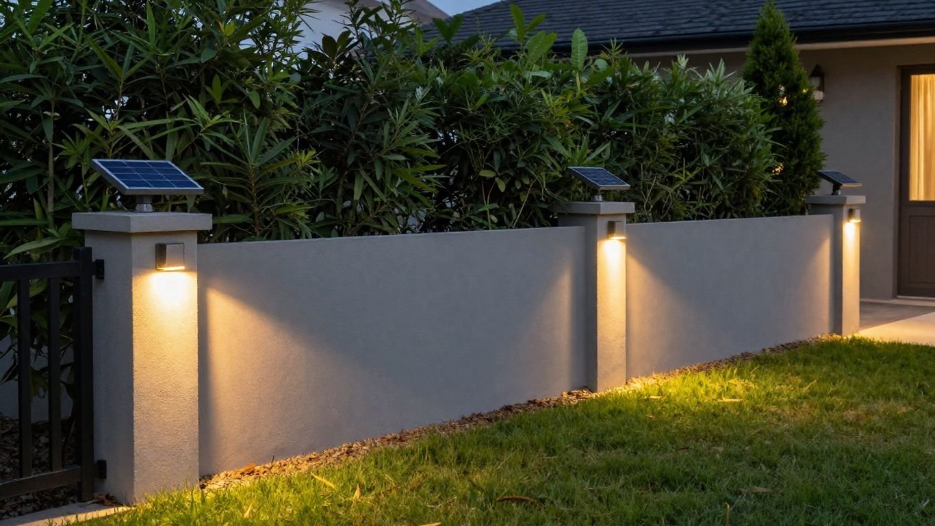 Solar security lights illuminating a home's perimeter at dusk.