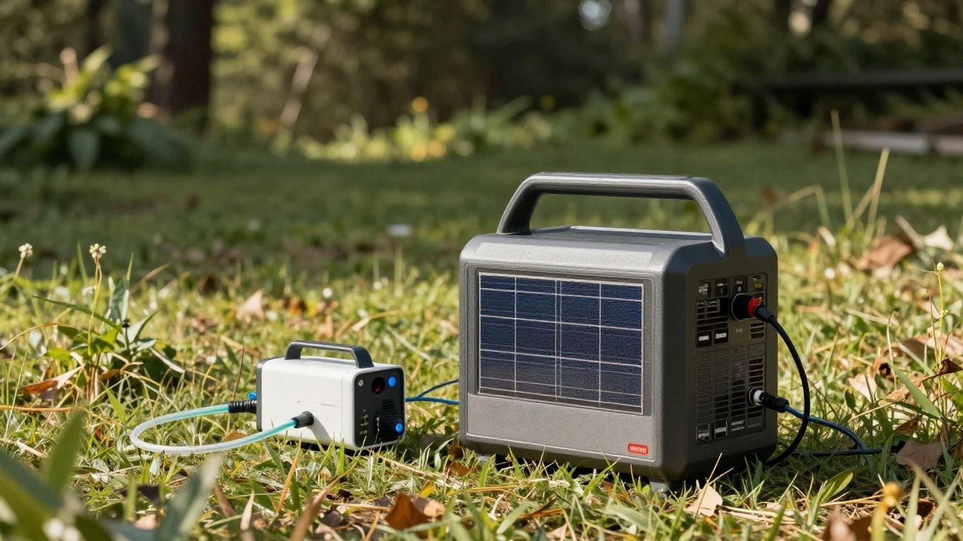 Solar generator powering a CPAP machine outdoors.