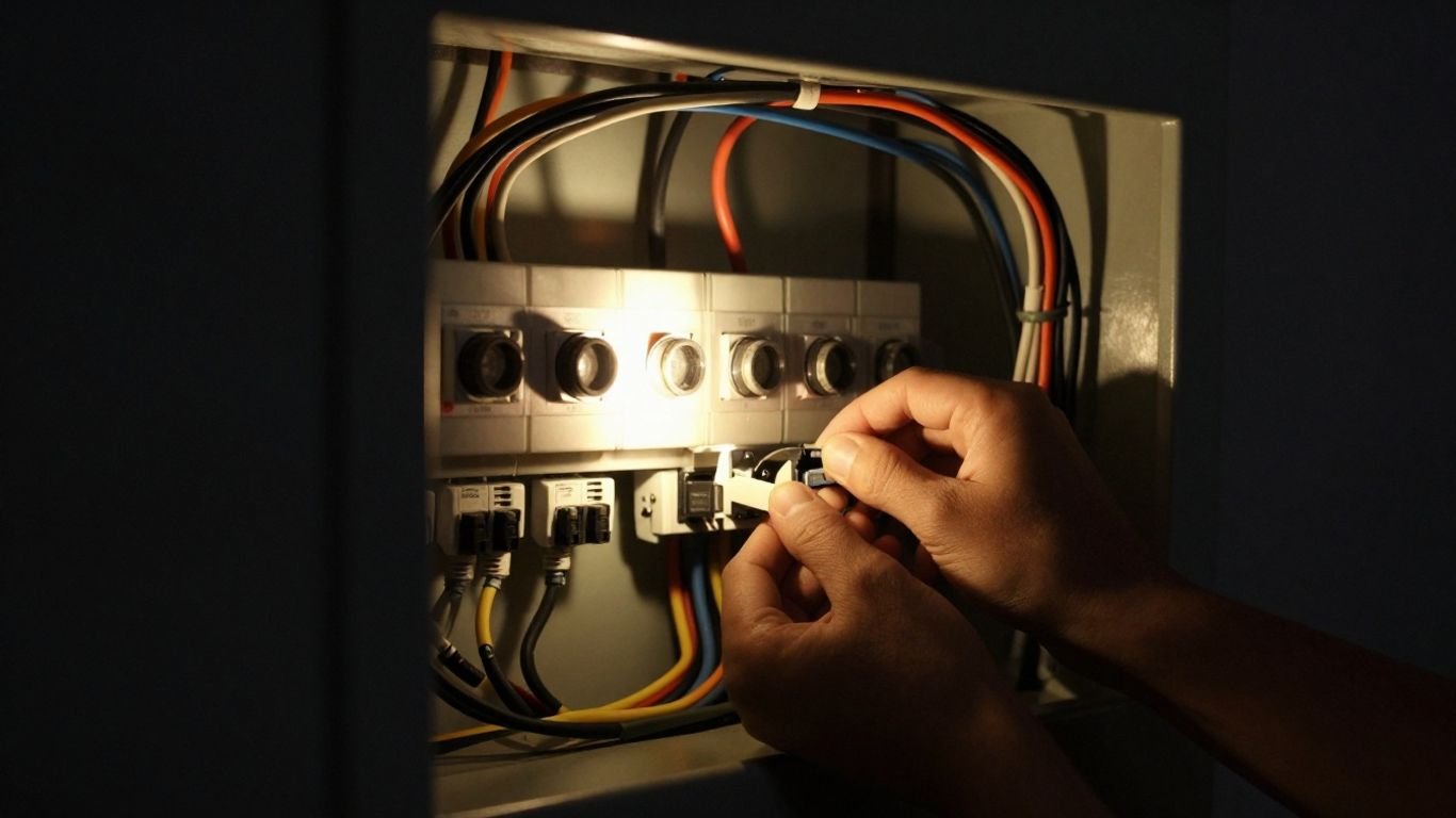Electrical panel with hand adjusting switch during power outage.