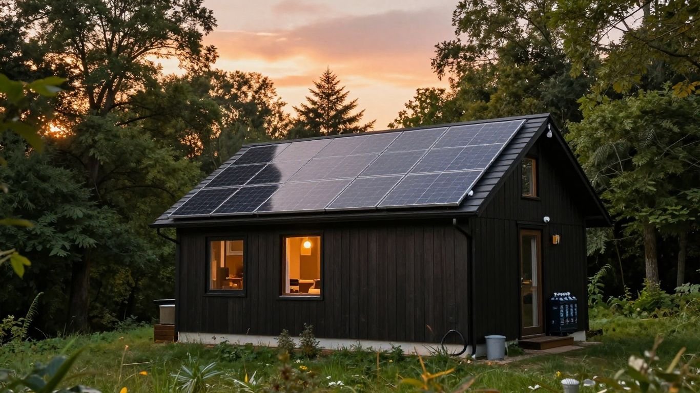 Off-grid cabin with solar panels and security camera.