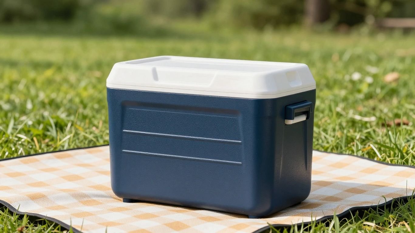 Portable electric cooler on a picnic blanket outdoors.