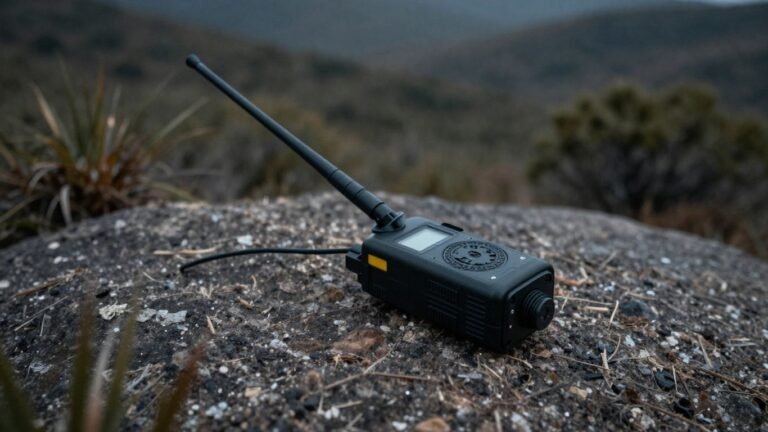 Meshtastic device in a wilderness setting for emergency communication.