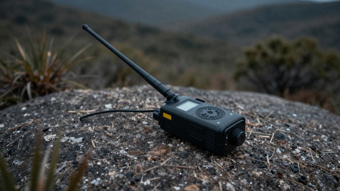 Meshtastic device in a wilderness setting for emergency communication.
