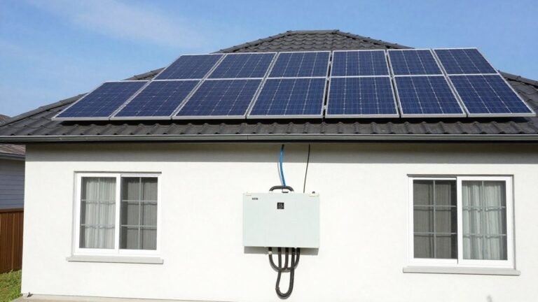 House with solar panels and battery storage system.