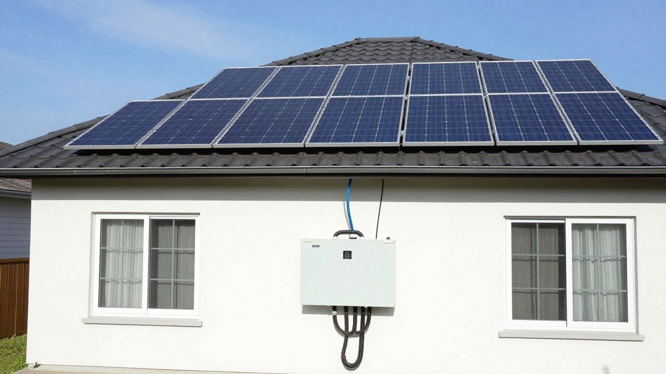 House with solar panels and battery storage system.