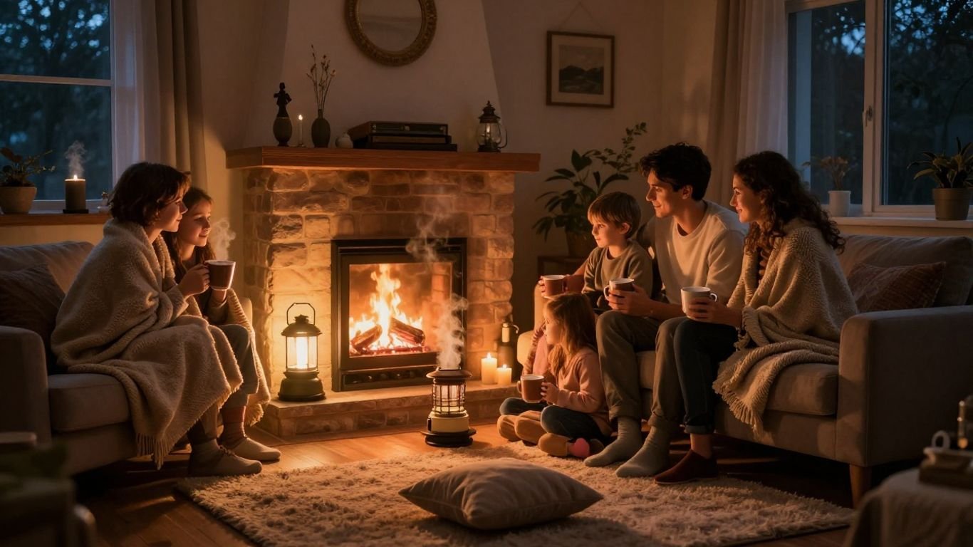 Family staying warm by fireplace during power outage.