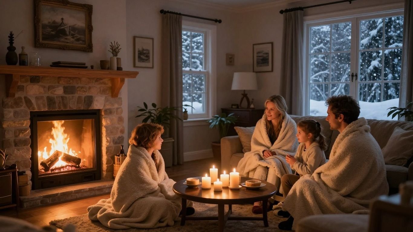 Family staying warm indoors during a power outage.