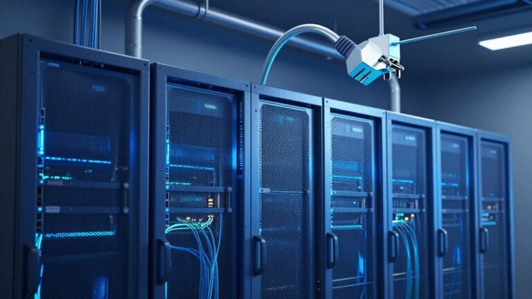 Edge data center with glowing servers and electrical plug.