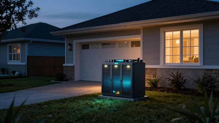 Home battery unit glowing in a garage at dusk.