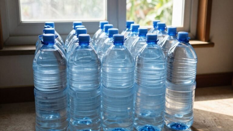 Stacked water bottles for emergency preparedness.