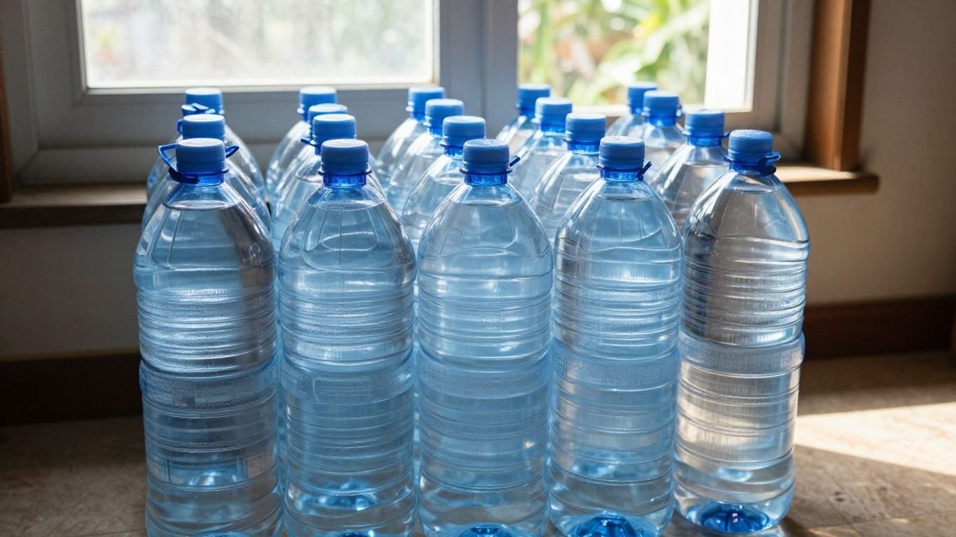 Stacked water bottles for emergency preparedness.