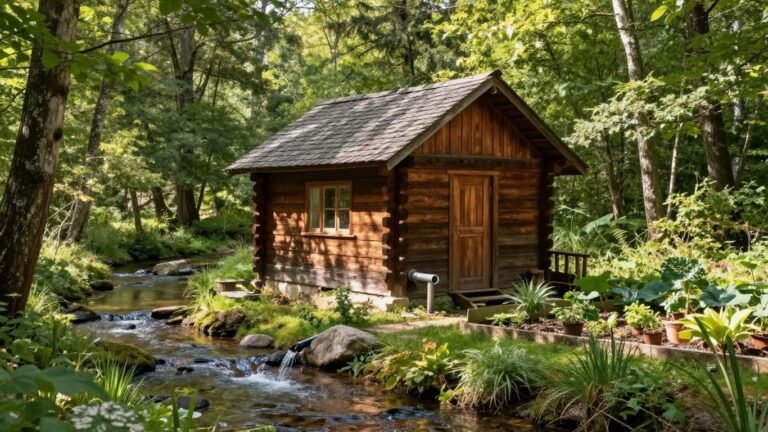 Cabin with greywater system in a forest setting.