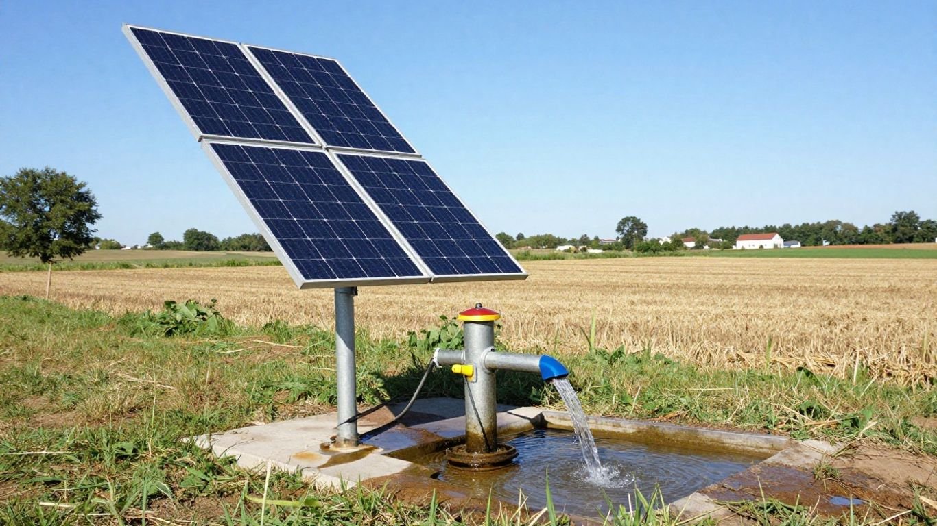 Solar panels powering a well pump with water flowing.